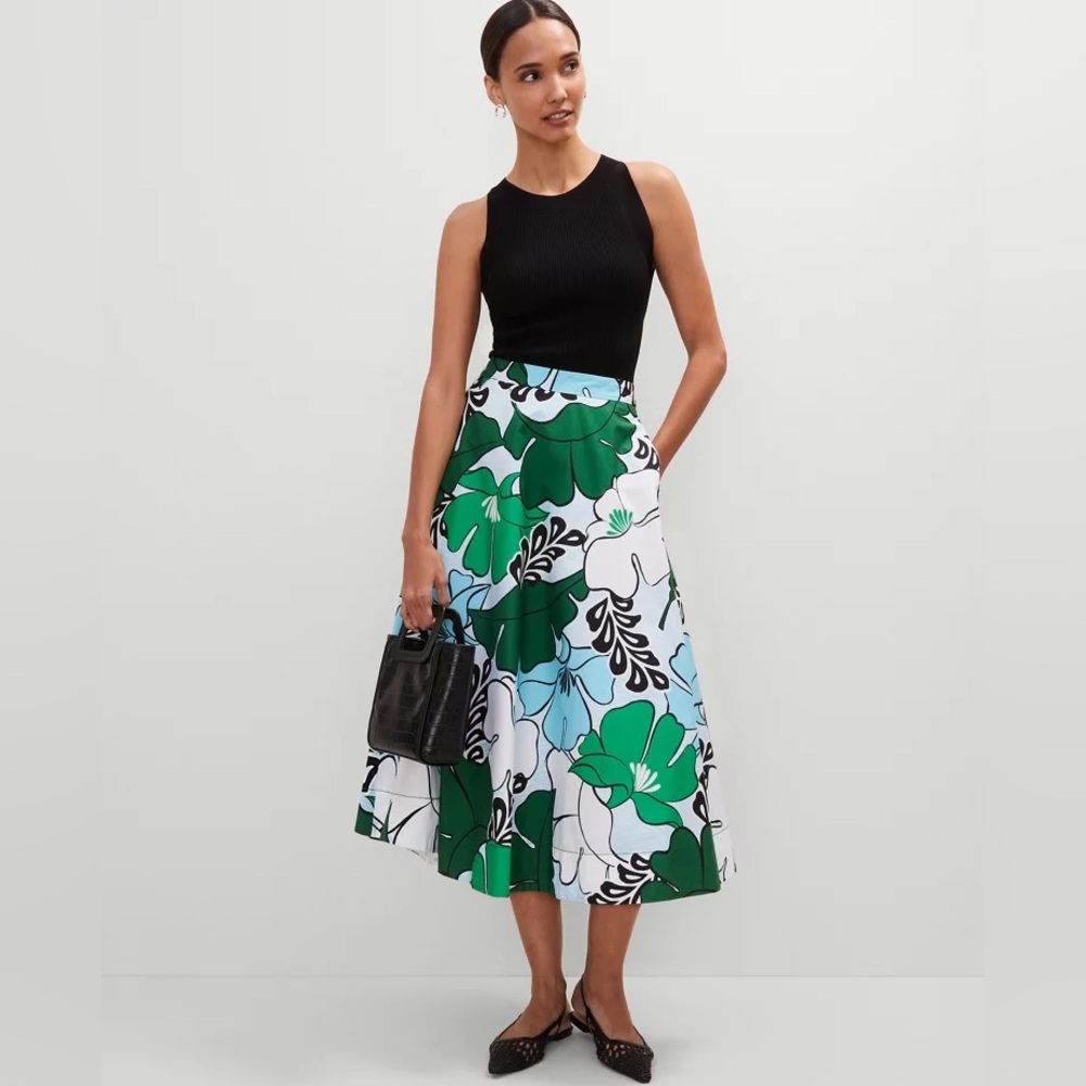 🆕 - Ann Taylor - Floral Tea Length Skirt - Leafy Green - Size 8